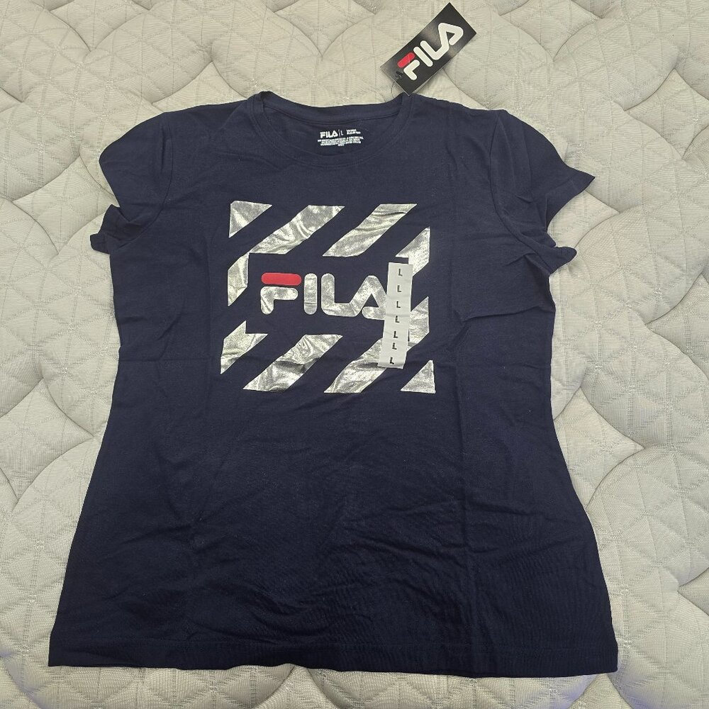 Fila Women's Navy Blue Short Sleeve T-Shirt w Silver Logo Size Large